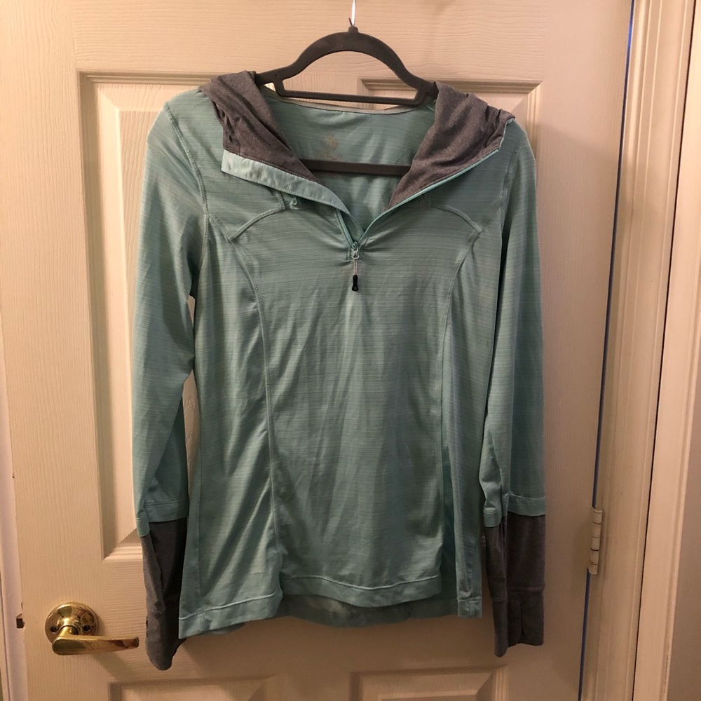Blue, grey, hooded, work out top long sleeve